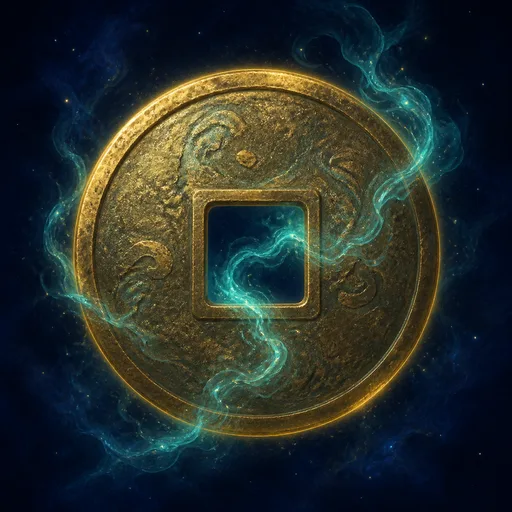 Ancient bronze I Ching coin wrapped in jade energy