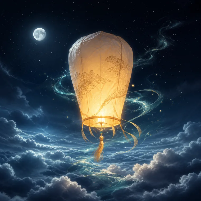 A glowing paper sky lantern rising over a moonlit sea of clouds