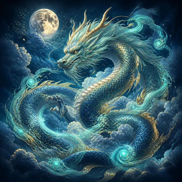 Celestial azure dragon coiling among moonlit clouds