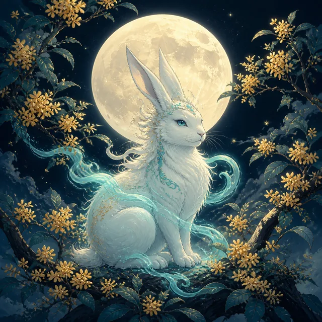 Jade-white moon rabbit under a full moon